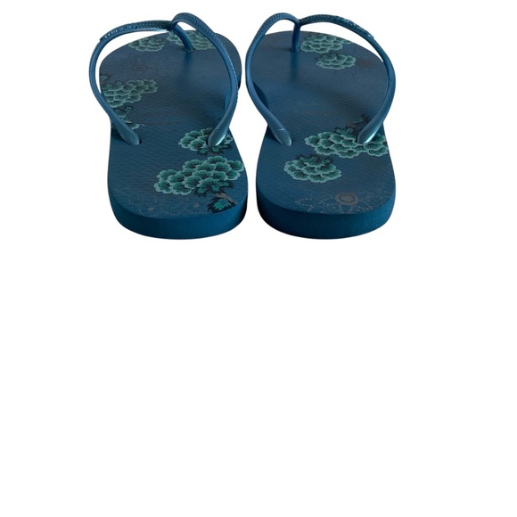 Havaianas Slim Flip Flops Thong Sandal Sz 9/10 Blue Floral Beach Organic Comfort - Picture 2 of 5